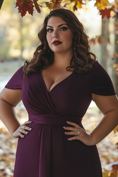 a curvy woman wears a purple wrap-style wedding guest dress