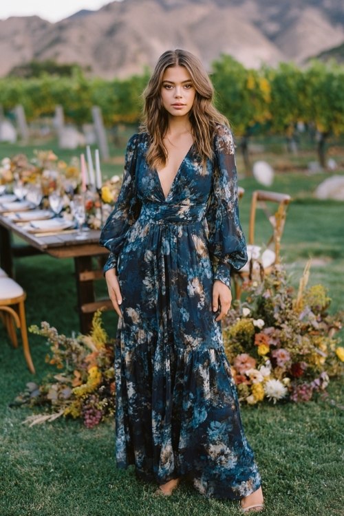 a petite woman in a navy floral print chiffon dress with ruffled hem and balloon sleeves, beside a vineyard ceremony setup