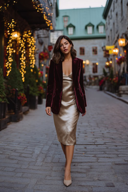 A woman wearing a velvet blazer over a silk slip dress with pointed heels, walking down a cobblestone street lined with fall lights, full body outfit visible