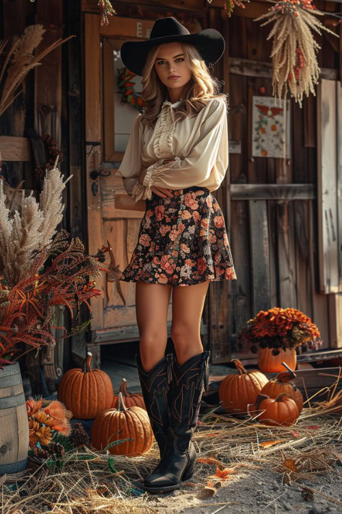a woman wears a blouse, a floral skirt and black cowboy boots