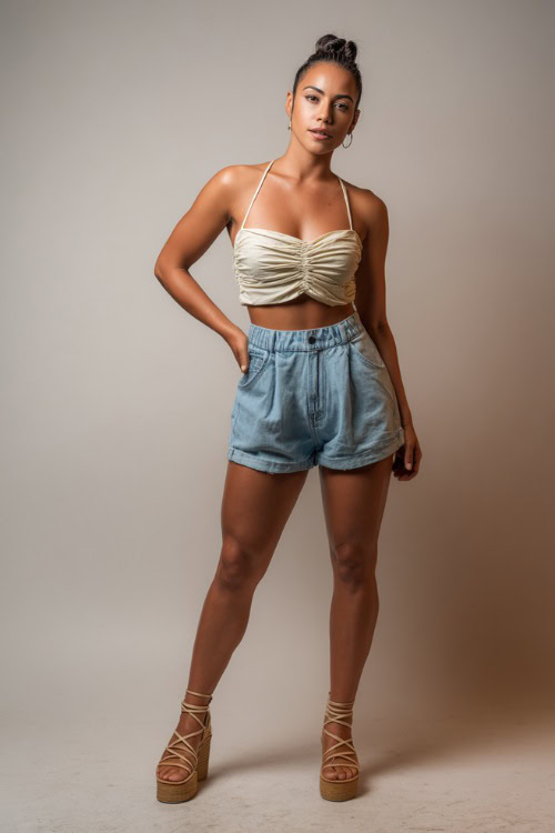 A woman wearing high-waisted denim shorts, a ruched crop top, and platform sandals, styled for a casual summer night out with friends, simple studio background