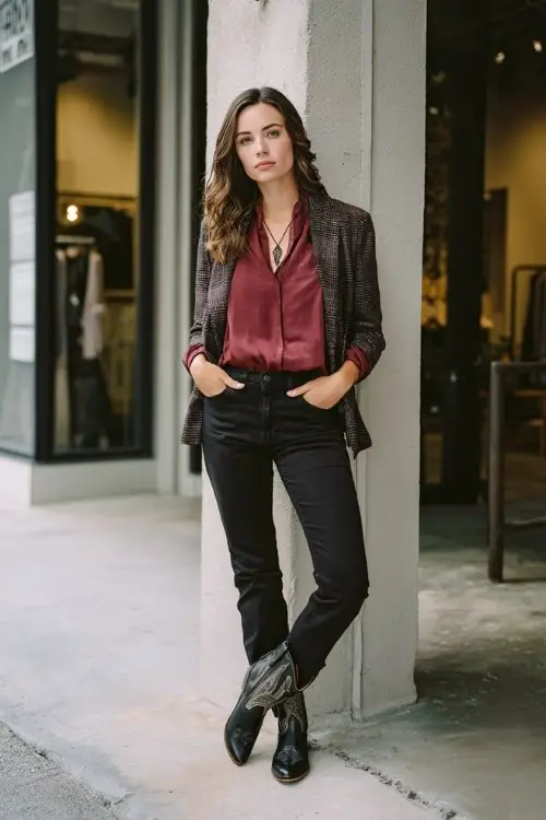 A woman wears black skinny jeans with a tucked-in burgundy blouse and embroidered black cowboy boots, layered with a plaid blazer
