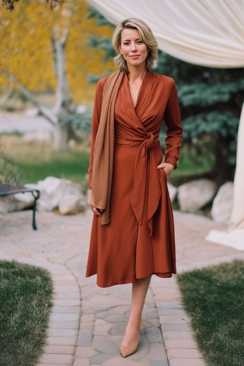 a woman over 50 wears a rust wrap wedding guest dress with neutral heels and a scarf