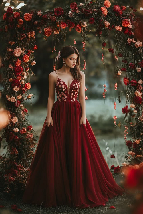 A woman in a deep red A-line gown with a sweetheart neckline, floral lace appliqueÌs, and a flowing pleated skirt