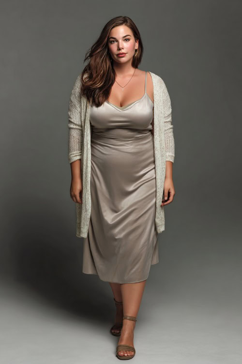 A plus-size woman in a midi slip dress with a light cardigan draped over her shoulders and open-toe heels, styled for a dinner-ready summer night