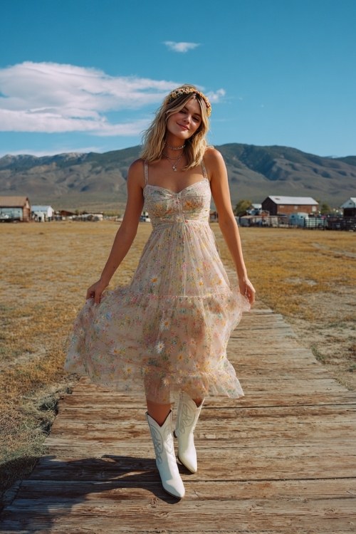 A woman wears a floral tulle midi dress in pastel tones with embroidered daisies, paired with white cowboy boots and a dainty headband