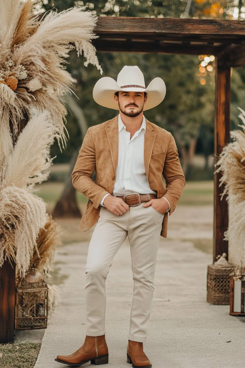 Groom dressed in light-wash flared jeans tucked into tan cowboy boots with intricate stitching. He wears a white dress shirt under a tan suede blazer