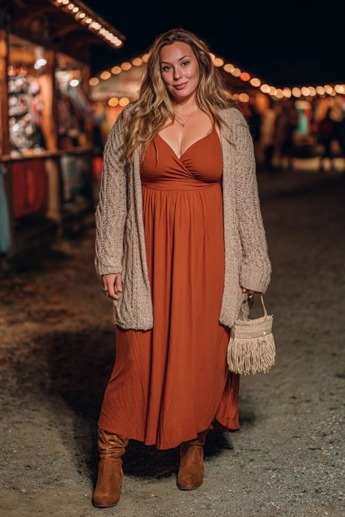 A plus-size woman wears a rust-orange maxi dress layered with a chunky knit cardigan, suede boots, and a crossbody fringe bag, standing by glowing fall festival lights