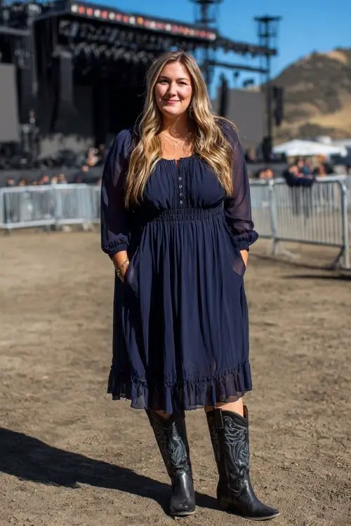 A plus size woman wears a navy chiffon midi dress with long sleeves and tall black cowboy boots