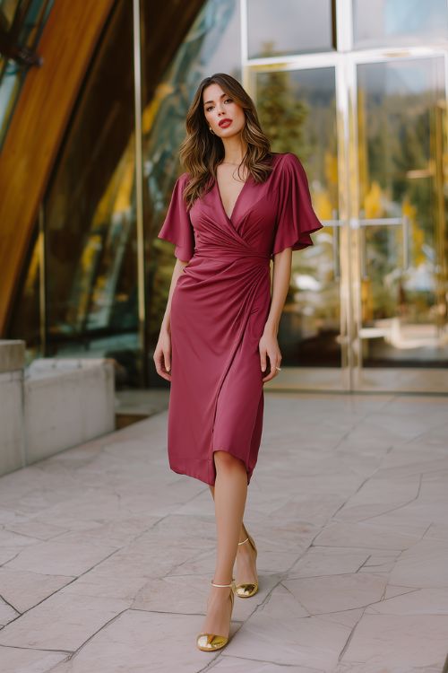 A woman wears a deep rose wrap midi dress with flutter sleeves and gold heels