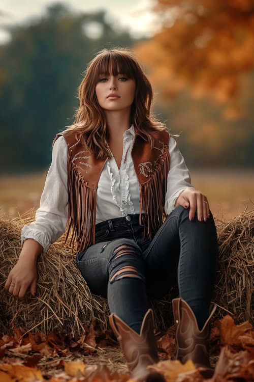 A woman in brown cowboy boots with a fringe vest over a white blouse and dark ripped jeans. She s sitting on a bale of hay