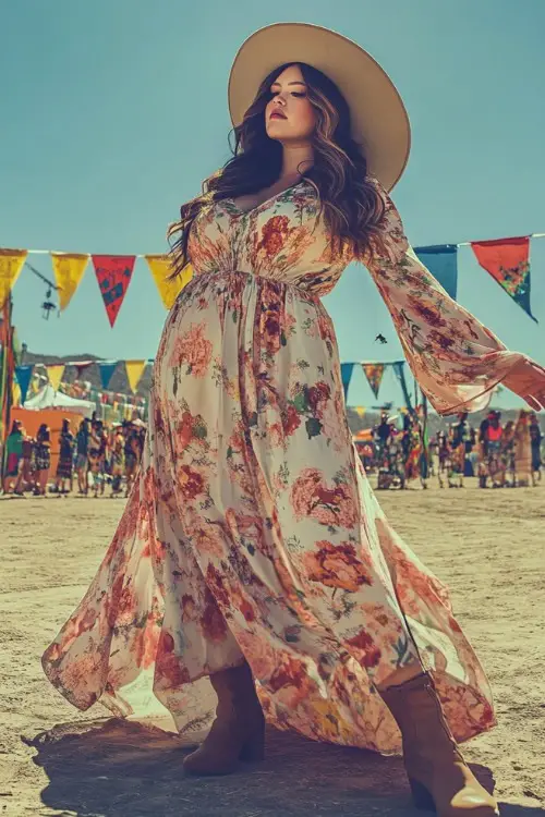 A plus-size woman in a modest floral maxi dress with long sleeves and a high waist, accessorized with ankle boots and a wide-brim hat