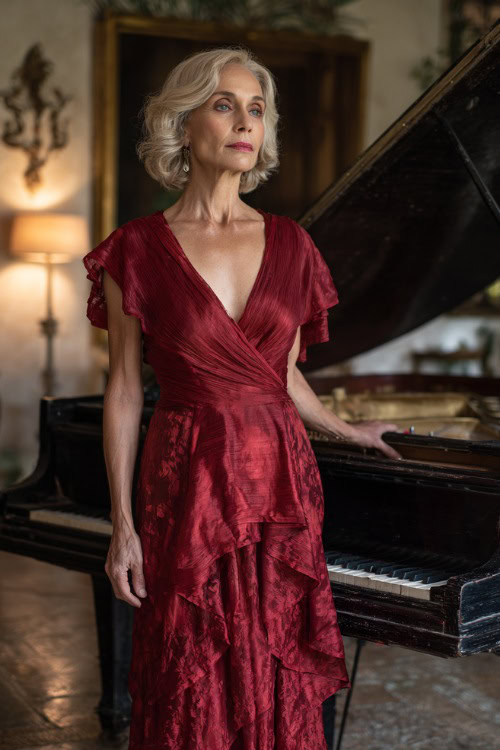 A woman over 50 wearing a ruby red V-neck gown with flutter sleeves and a layered skirt, standing by a grand piano in an elegant indoor setting