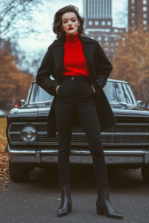 The woman dressed in a black trench coat layered over a bold red sweater, paired with cropped black trousers and western-style cowboy boots