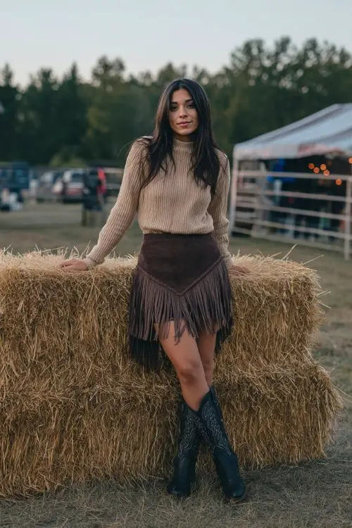 A woman wears a suede fringe skirt with a fitted knit sweater and black cowboy boots
