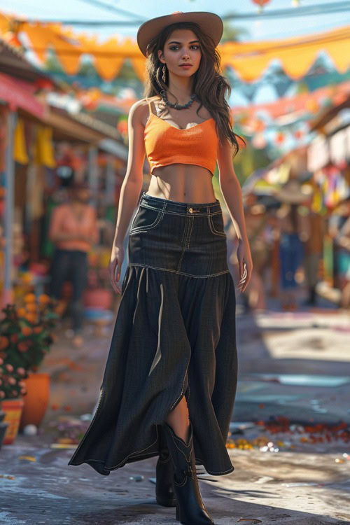 A woman wears black cowboy boots, a black denim skirt and an orange top