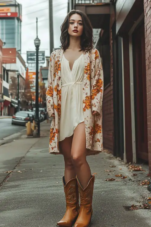 A woman styled in a long-line floral cardigan over a cream dress, accessorized with tan cowboy boots, posing near a Nashville landmark