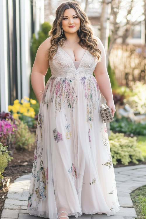 a plus size woman wears a floral wedding guest dress