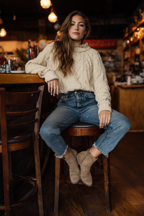 A woman in high-waisted blue jeans, a cream chunky knit sweater, and suede ankle boots, sitting casually on a wooden bar stool in a cozy fall bar