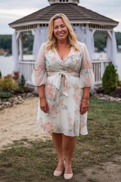 A plus-size woman over 50 in a white and pastel floral midi dress with puff sleeves and ballet flats, standing near a gazebo draped in tulle at a lakeside wedding