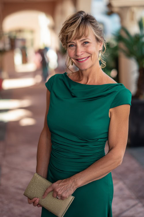 A woman over 50 in a fitted emerald green cocktail dress with short cap sleeves and ruched detail, holding a clutch at an upscale outdoor cocktail reception