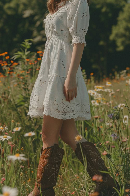 A woman wears brown cowboy boots with an eyelet white dress