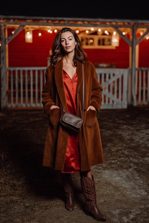 A woman wears a floor-length wool coat layered over a satin slip dress, styled with tall cowboy boots and a leather crossbody bag