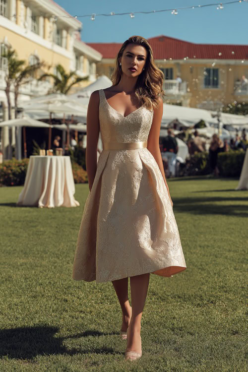 A woman wearing a champagne A-line midi dress with lace appliqueÌ and satin heels, walking across a manicured lawn with cocktail tables and string lights