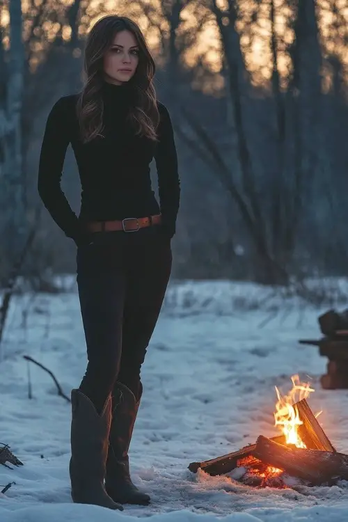A woman with shoulder-length hair in a fitted black sweater, wool trousers, and tall black cowboy boots stands near a small bonfire
