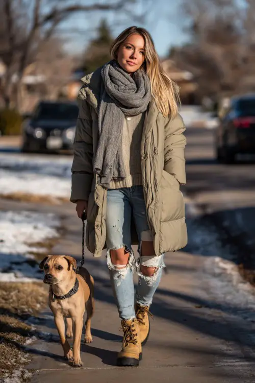 Fashionable woman in a neutral puffer coat, scarf, ripped jeans, and chunky boots, walking her dog in a cold suburban neighborhood