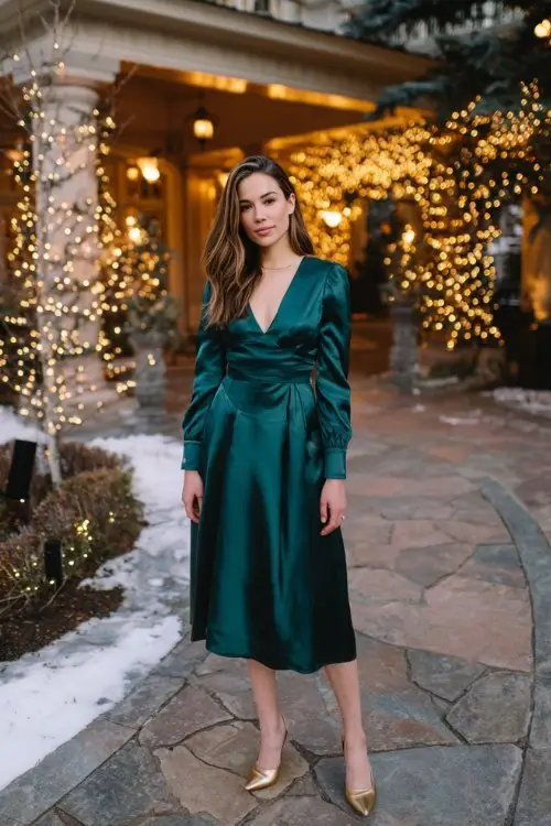 A woman wears a deep emerald long-sleeve satin midi dress with a soft sheen, paired with gold heels