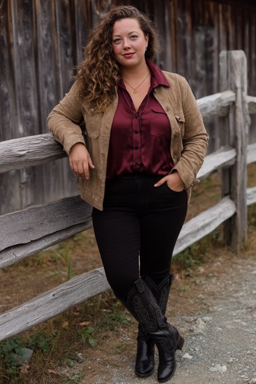 A curvy woman wears dark skinny jeans tucked into black tall cowboy boots, styled with a burgundy silk blouse and a suede jacket