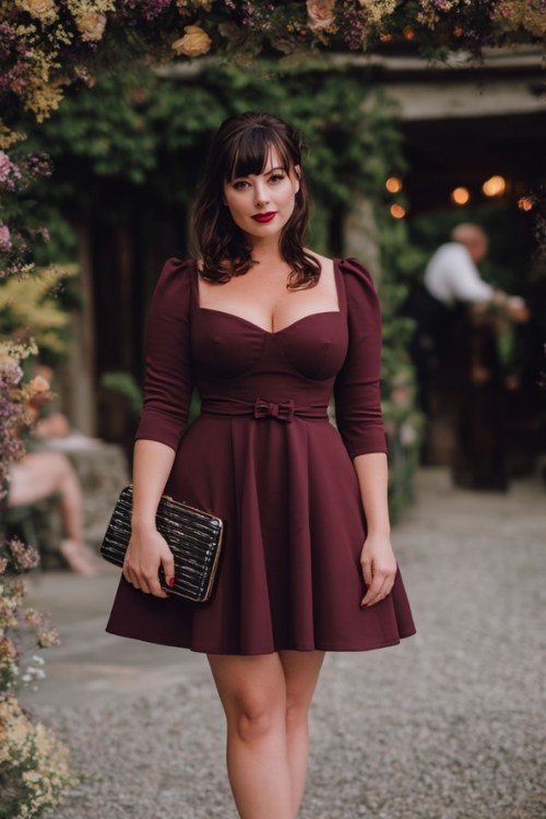 A curvy woman wears a short burgundy fit-and-flare dress with a square neckline and belted waist (3)