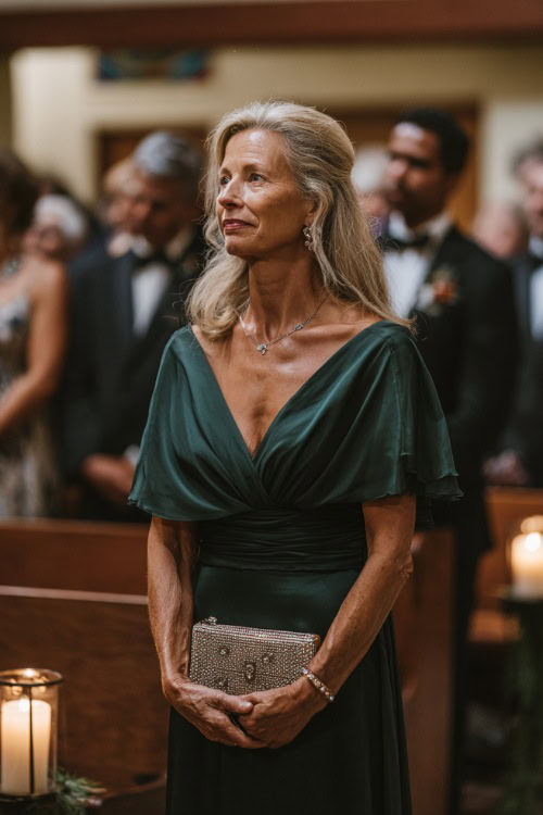 A woman over 50 wearing a dark green structured gown with flutter sleeves and a crystal clutch, standing near a candlelit aisle at an indoor summer wedding ceremony