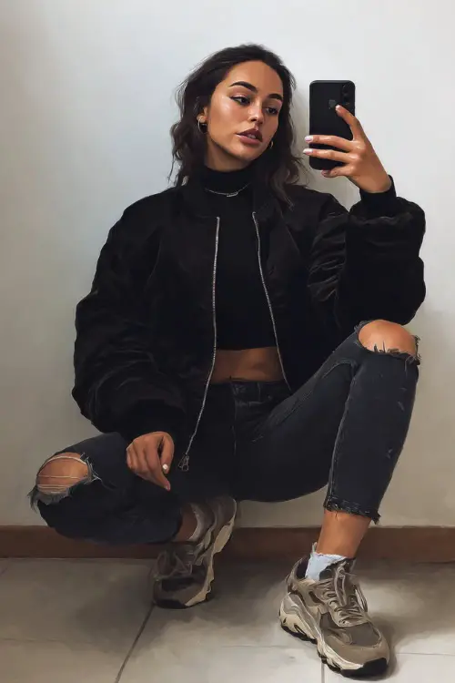 Baddie-inspired outfit with an oversized bomber jacket, ripped jeans, fitted turtleneck, and chunky sneakers, woman taking mirror selfie indoors with minimal background