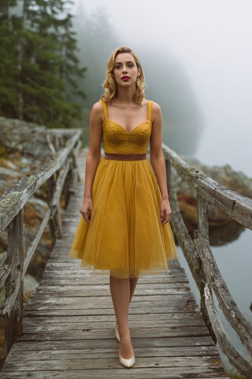 A petite woman wears a mustard yellow cocktail dress with a fitted bodice, flared tulle skirt