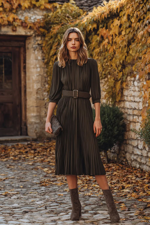 A woman wears a dark olive green pleated midi dress with a belted waist, paired with suede ankle boots and a clutch