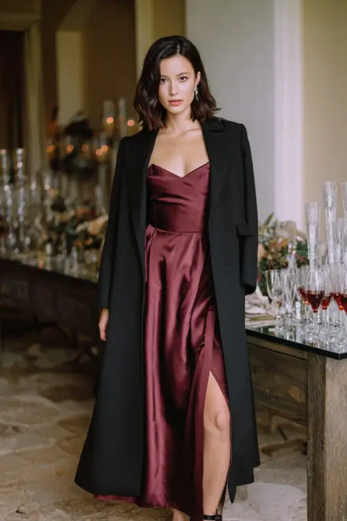 A woman wears a wine-red satin gown with a structured black coat and ankle-strap heels