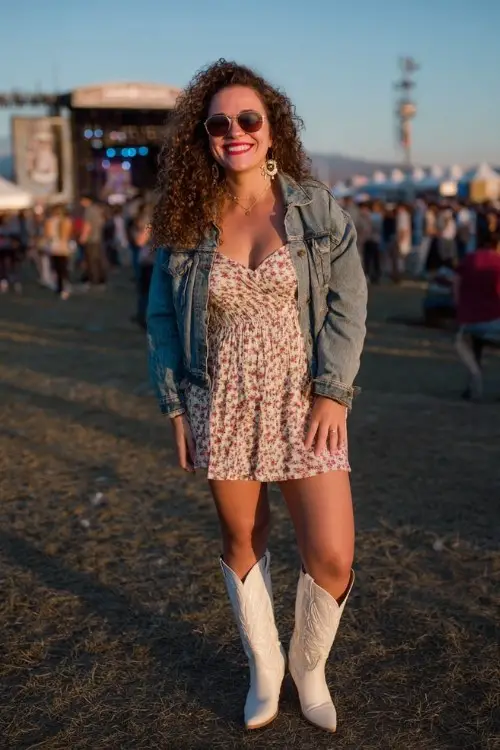 A curvy woman wears a floral mini dress with tall white cowboy boots and a denim jacket