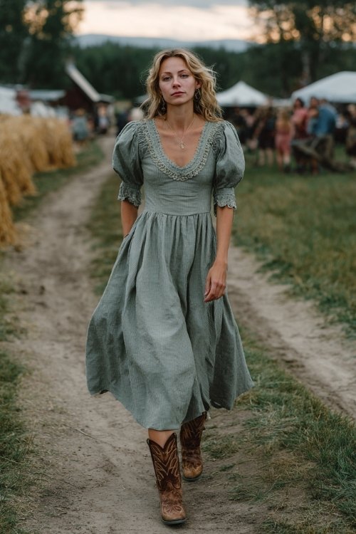A petite woman in a sage green prairie-style maxi dress with lace trim and puff sleeves, paired with chestnut embroidered cowboy boots