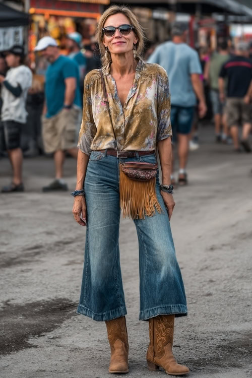 A woman over 40 in wide-leg jeans with a tucked-in silk blouse, suede boots, and a fringe crossbody bag at a fairground concert