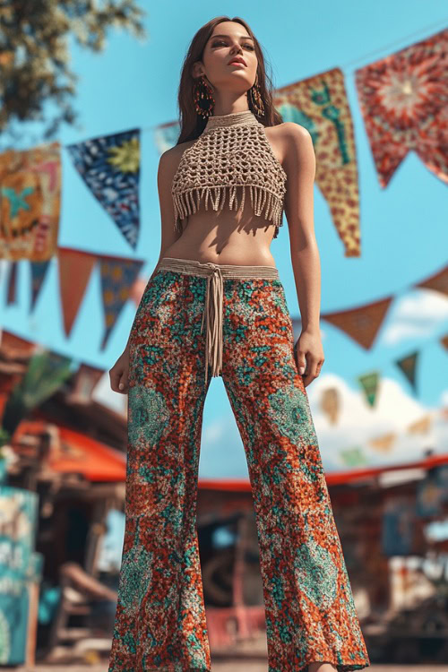 A stylish woman in a crochet halter top with high-waisted printed palazzo pants, accessorized with strappy sandals and a fringe crossbody bag