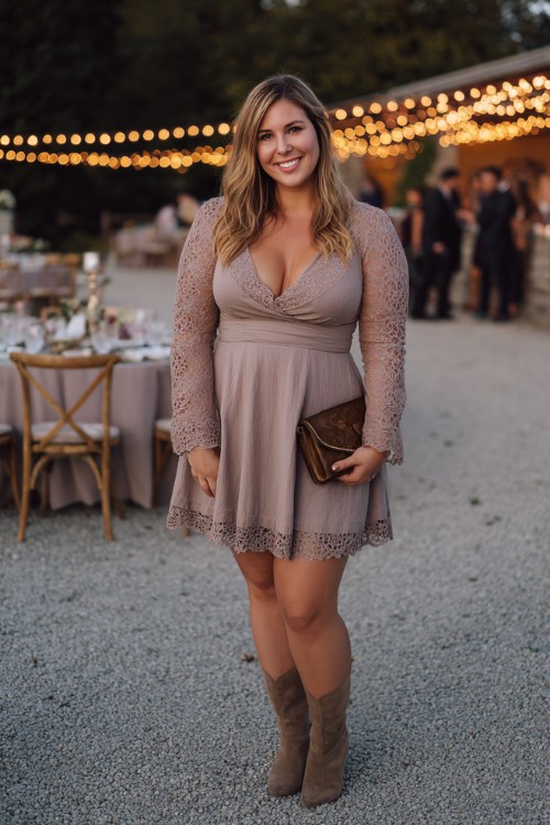 A plus-size woman wears a taupe long-sleeve fit-and-flare dress with delicate lace detailing, paired with ankle boots and a leather clutch (3)
