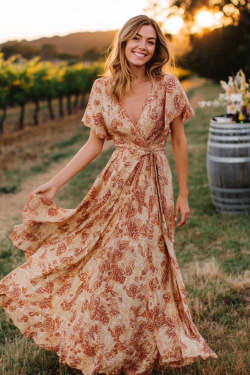 A woman in a rust and cream paisley-print maxi dress with flutter sleeves