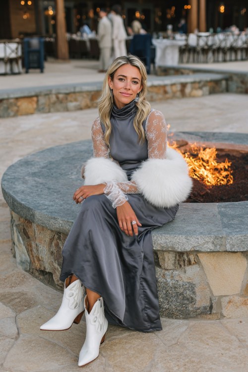 A woman wears a charcoal grey high-neck midi dress with lace sleeves, a white fur stole, and white pointed-toe cowboy boots