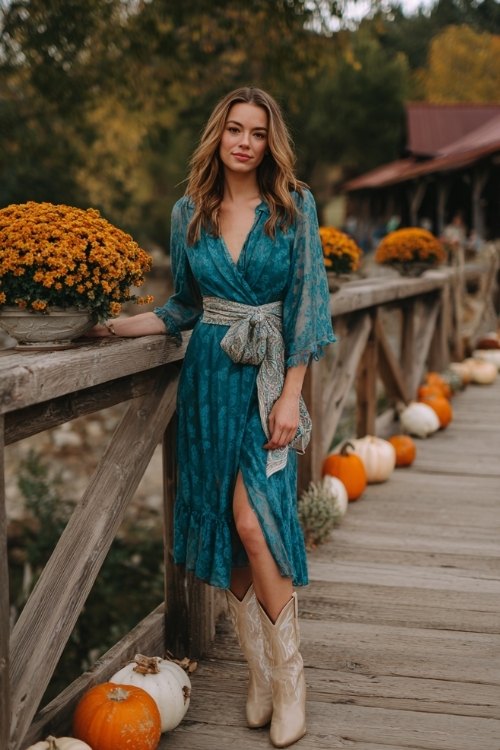 A woman in a teal chiffon midi dress with lace insets and a tie-waist belt, paired with light beige cowboy boots