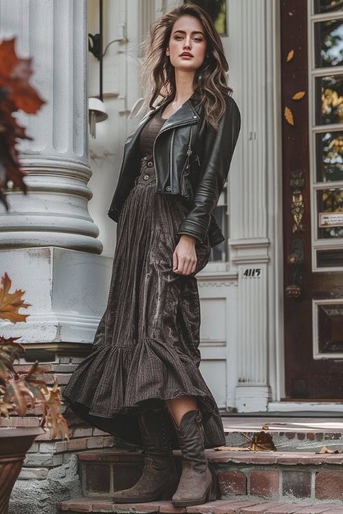 a woman wears a long dark dress, a leather jacket and dark brown cowboy boots