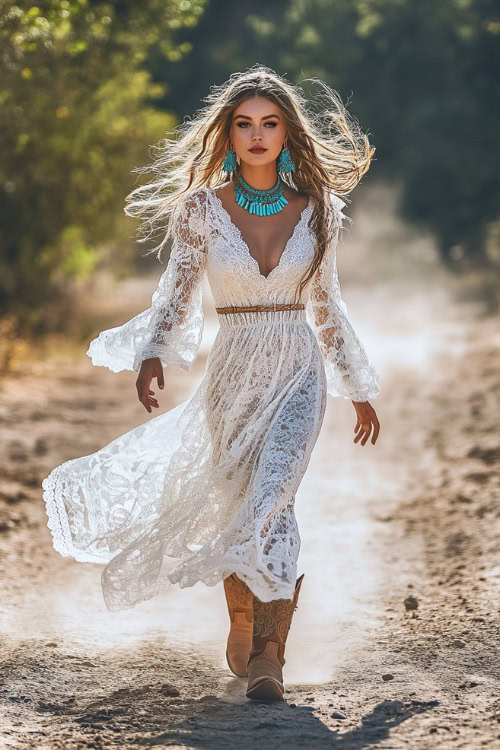 A free-spirited woman in a white lace maxi dress with sheer bell sleeves, styled with brown cowboy boots and layered turquoise jewelry