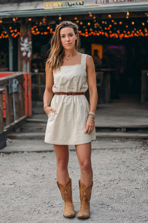 A woman in a sleeveless A-line cotton dress with a belted waist, styled with tan western boots and subtle jewelry
