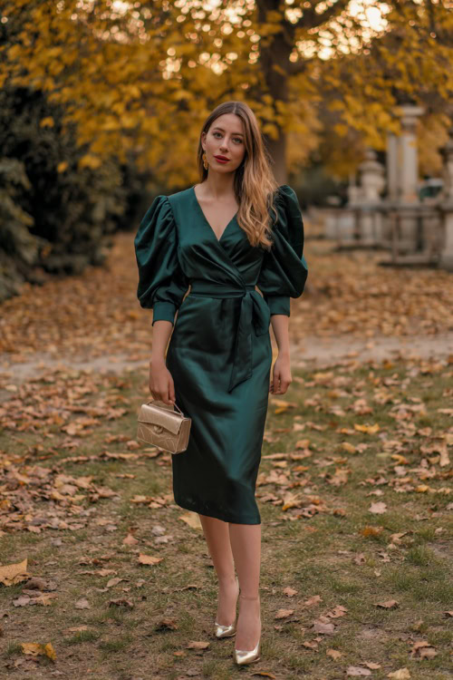 A woman wears a dark green satin midi dress with puff sleeves and a tie waist, styled with metallic heels and a small handbag
